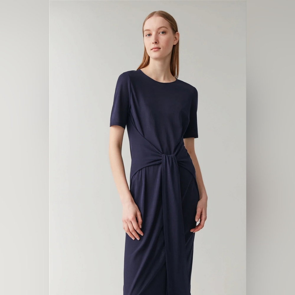 COS 100% Cotton Dark Navy Blue Front Tie Midi Dress
